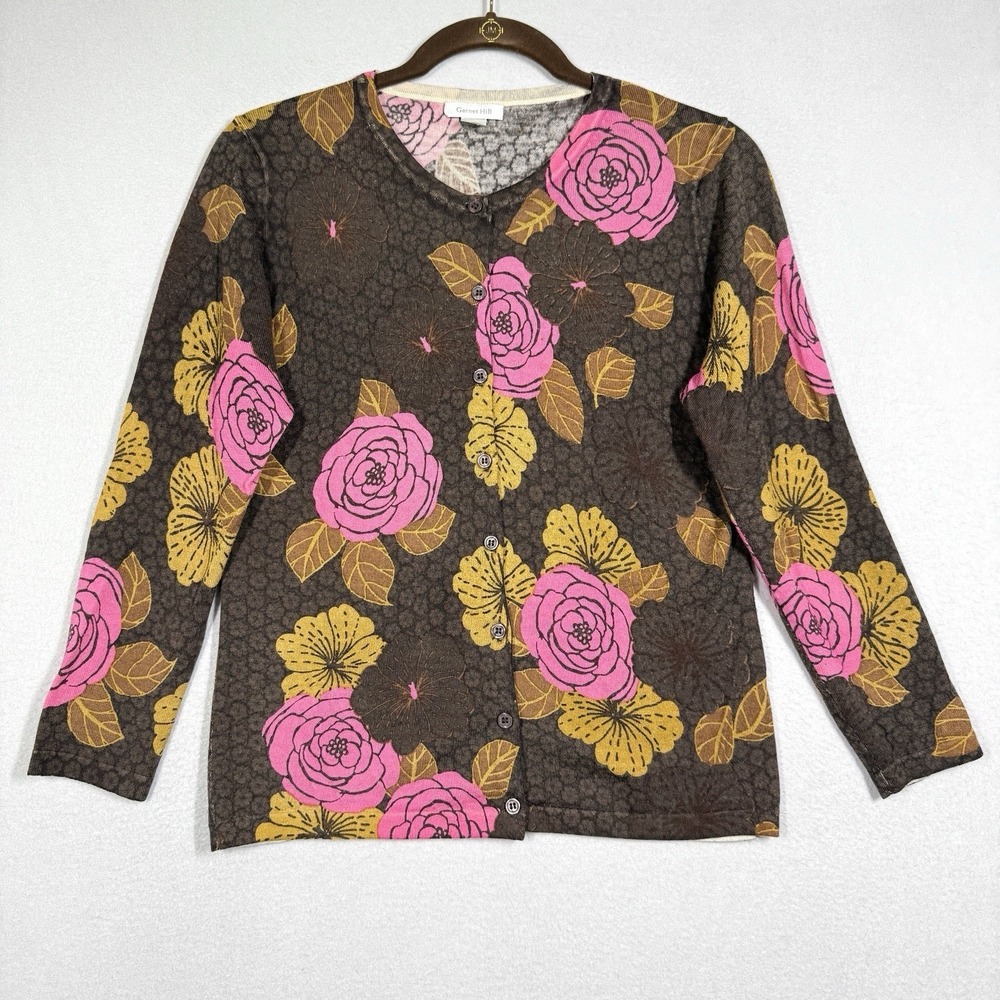 Garnet Hill Sweater Womens Small Cardigan 100% Wool Cottage Floral Lightweight